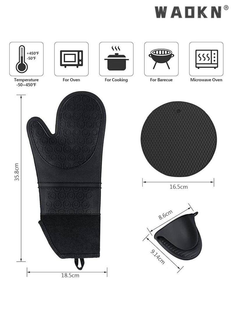 WAOKN Oven Mitts Set, Heat Resistant Silicone Gloves Anti-Hot Trivets Mats Cauldron Pan Dish Holders with Non-Slip for Kitchen Baking Cooking 6 Pcs Black  - Image 5