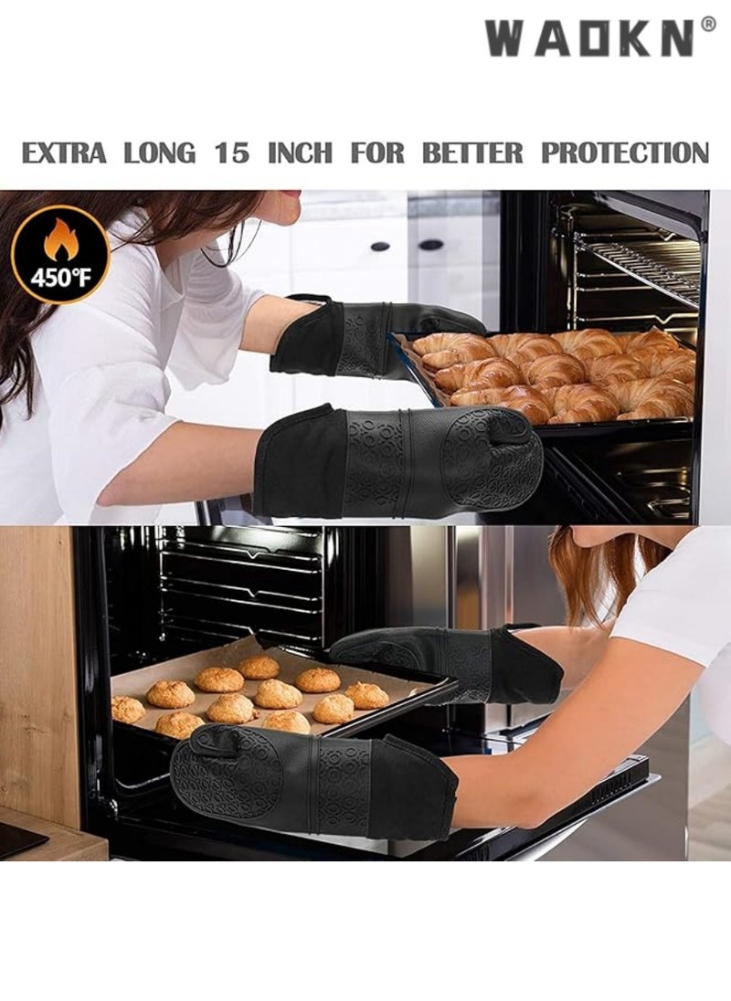 WAOKN Oven Mitts Set, Heat Resistant Silicone Gloves Anti-Hot Trivets Mats Cauldron Pan Dish Holders with Non-Slip for Kitchen Baking Cooking 6 Pcs Black  - Image 3