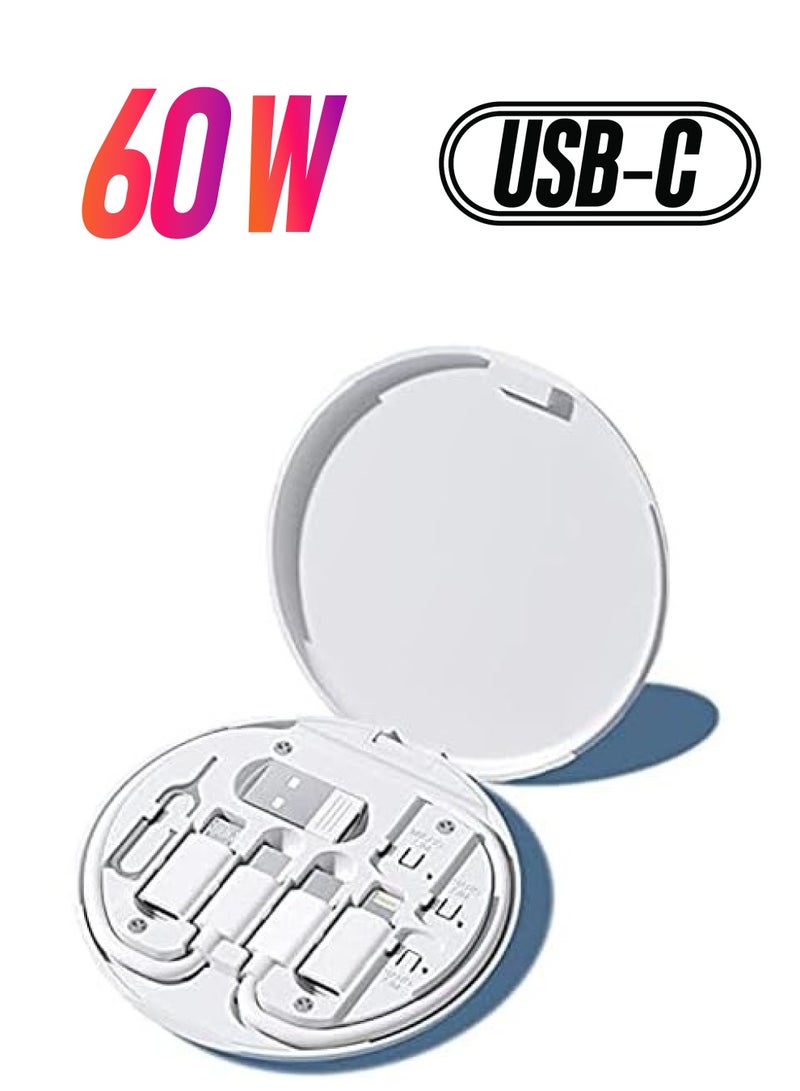 erorex 60W Fast Charge Data Cable Adapter Kit with Storage Box, USB C to Micro USB/Lightning/USB A Conversion Head Adapter, With Sim Card Slot and Sim Card Pin (White) - Image 1