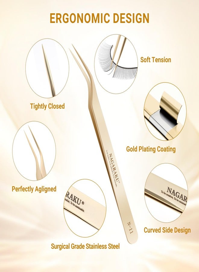 NAGARAKU Tweezers for Eyelash Extensions Curved Lash Tweezers Precision Pinzas Professional Easy Fanning Stainless Steel Precise Long Tip Pointy Make Fans for Lashes Isolation (N-11) - Image 3