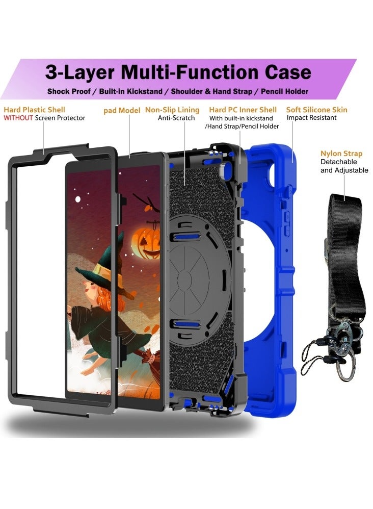Heavy Duty Shockproof TPU Case Compatible with Samsung Galaxy Tab A7 Lite 8.7 inch 2023 Model Drop Resistant Shockproof Protective Cover with Rotating Kickstand + Handle + Shoulder Strap (Blue with Black) - Image 4