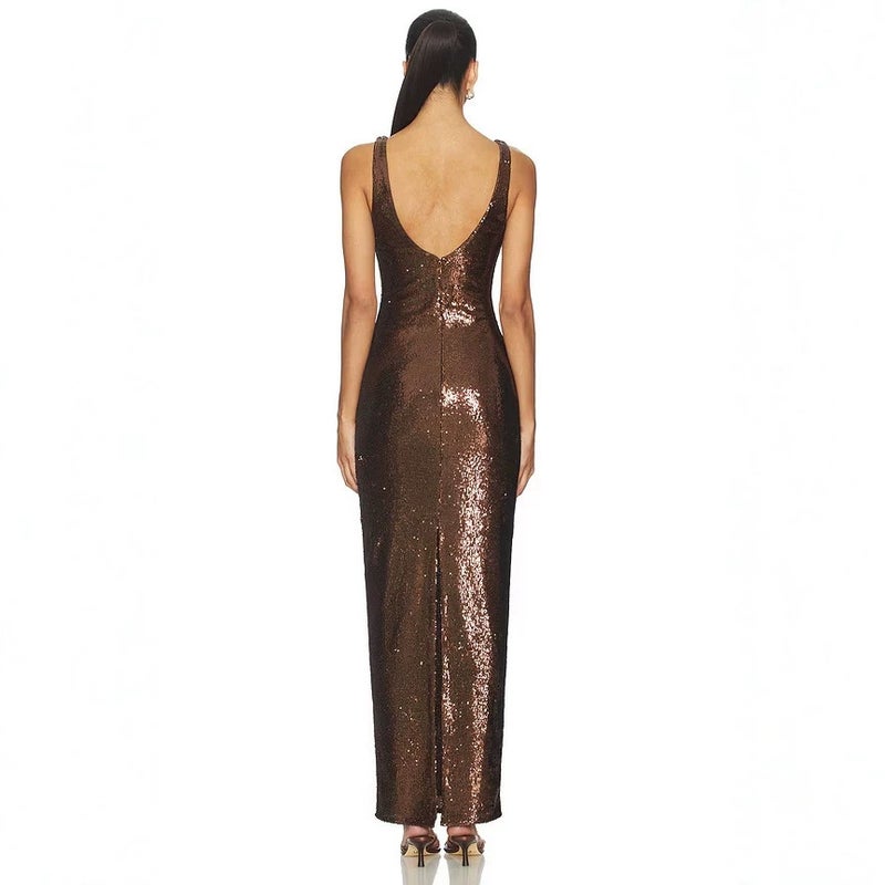 Women's Sequin Spaghetti Strap Long Evening Party Dress with Open Back and High Slit - Image 3