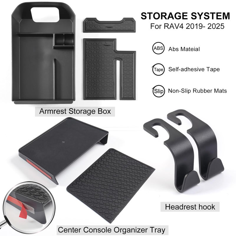 YAKANEY 4 PCS for RAV4 Center Console Organizer Tray, Armrest Storage Box for Toyota RAV4 2025 2024 2023 2022 2021 2020 2019 Prime Insert Secondary Box, Must Have Interior Accessory- Black - Image 2