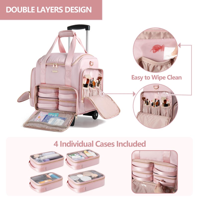 Prokva Rolling Makeup Case with 4 Removable Bags, Professional Makeup Train Case with Wheels, Makeup Artist Travel Bag with Brushes Storage Section, Pink (Patent Design) - Image 2