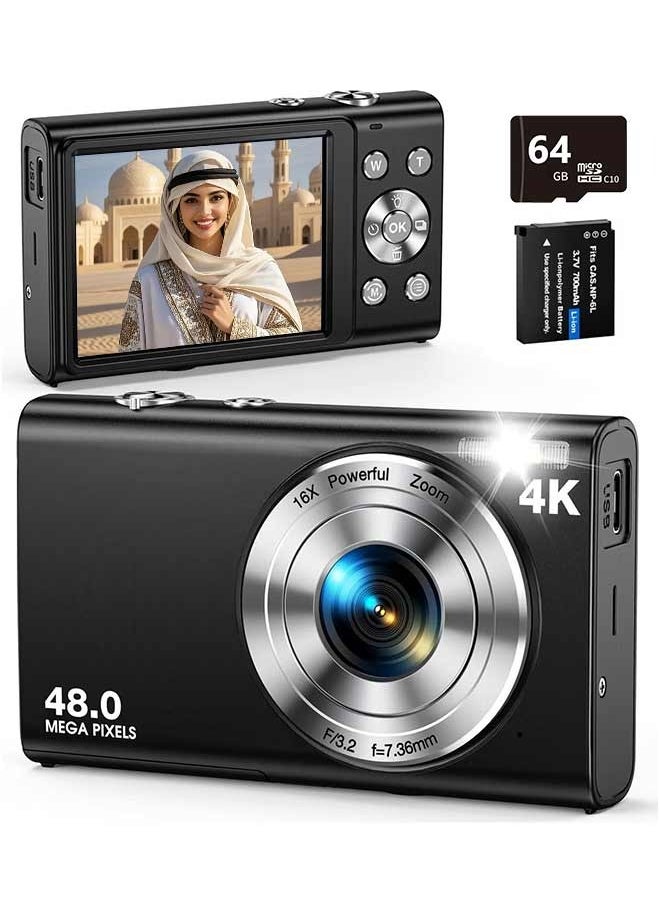 IqwiCam Digital Camera, Autofocus UHD 4K Point and Shoot Cameras with 64GB Card Vlogging Camera , 48MP Camera Digital with 16X Zoom Anti Shake  - Image 1