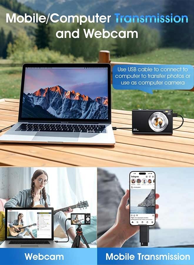 Digital Camera, Autofocus UHD 4K Point and Shoot Cameras with 64GB Card Vlogging Camera , 48MP Camera Digital with 16X Zoom Anti Shake