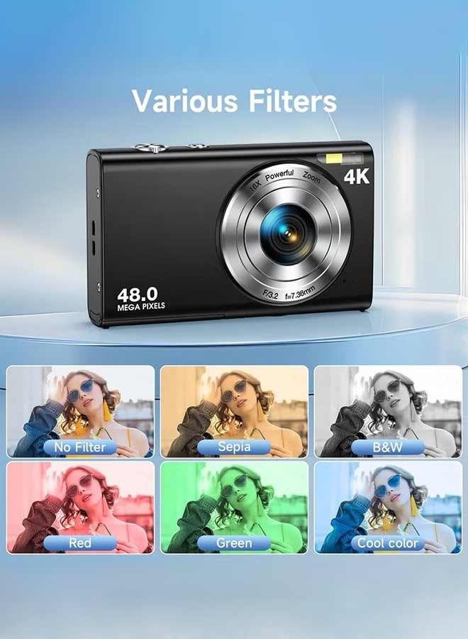 Digital Camera, Autofocus UHD 4K Point and Shoot Cameras with 64GB Card Vlogging Camera , 48MP Camera Digital with 16X Zoom Anti Shake