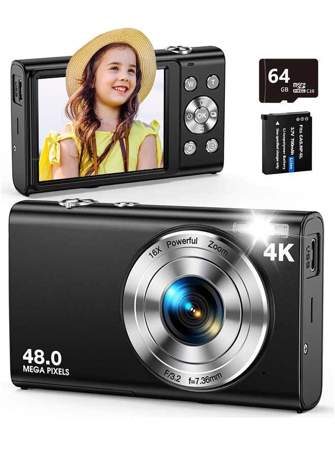 إيكويكام كاميرا رقمية، كاميرات تصوير بدقة 4K UHD مع تركيز تلقائي وبطاقة 64 جيجابايت، كاميرا فيديو، كاميرا رقمية بدقة 48 ميجابكسل مع تقريب 16X ومضادة للاهتزاز  - Image 1
