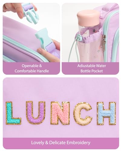 Amersun Kids Insulated Lunch Box- Water-Resistant, Reusable Cute Lunch Tote Bag with Water Bottle Holder & Multi-Pocket-Ideal for Ages 3+ Girls,School,Travel-Light Purple - Image 4