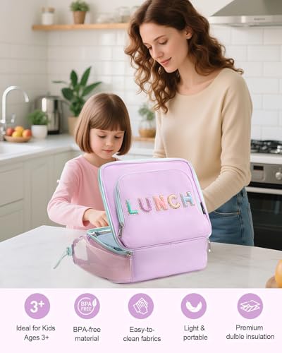 Amersun Kids Insulated Lunch Box- Water-Resistant, Reusable Cute Lunch Tote Bag with Water Bottle Holder & Multi-Pocket-Ideal for Ages 3+ Girls,School,Travel-Light Purple - Image 2