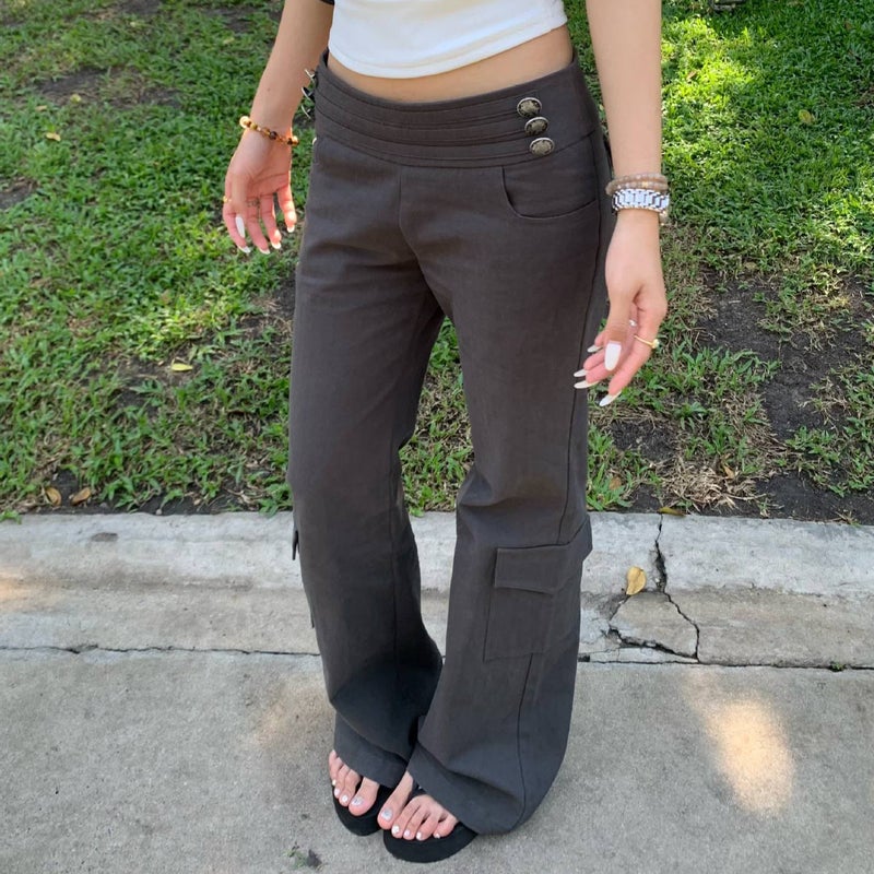 Pokiovo American Retro Metal Low Waist Flared Cargo Pants - Image 1