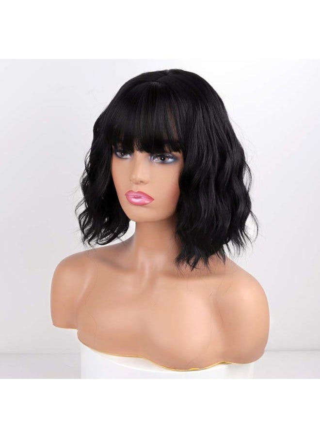 MISSQUEEN Short Wavy Black Wig with Bangs, Short Black Bob Wigs for Women, Wavy Bob Wig with Bangs Synthetic Natural Looking Heat Resistant Fiber Wigs  - Image 4
