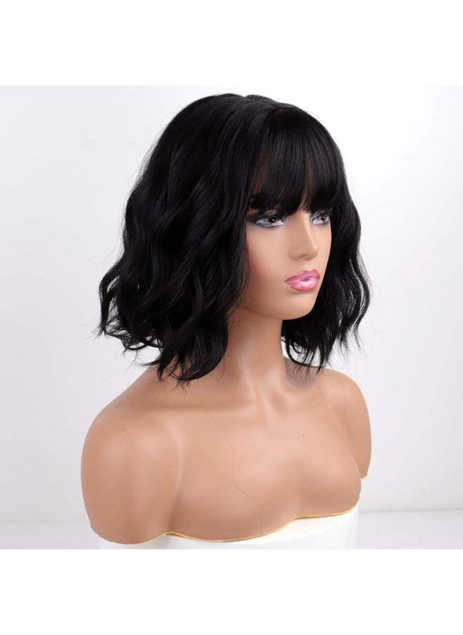 MISSQUEEN Short Wavy Black Wig with Bangs, Short Black Bob Wigs for Women, Wavy Bob Wig with Bangs Synthetic Natural Looking Heat Resistant Fiber Wigs  - Image 3