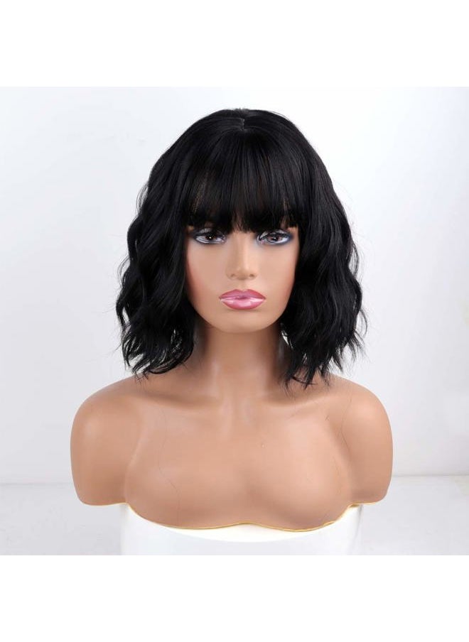 MISSQUEEN Short Wavy Black Wig with Bangs, Short Black Bob Wigs for Women, Wavy Bob Wig with Bangs Synthetic Natural Looking Heat Resistant Fiber Wigs  - Image 2