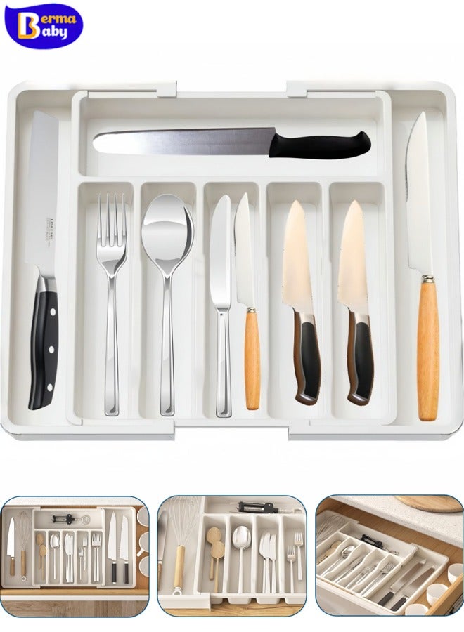 Berma Baby Silverware Drawer Organizer, Expandable Utensil Tray for Kitchen, BPA Free Flatware and Cutlery Holder, Adjustable Plastic Storage for Spoons Forks Knives, Large, White  - Image 1