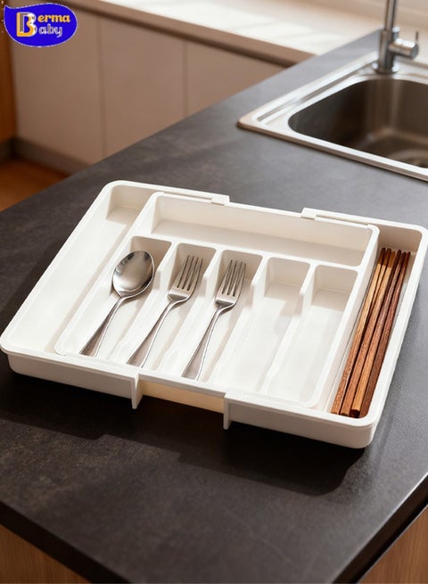 Silverware Drawer Organizer, Expandable Utensil Tray for Kitchen, BPA Free Flatware and Cutlery Holder, Adjustable Plastic Storage for Spoons Forks Knives, Large, White