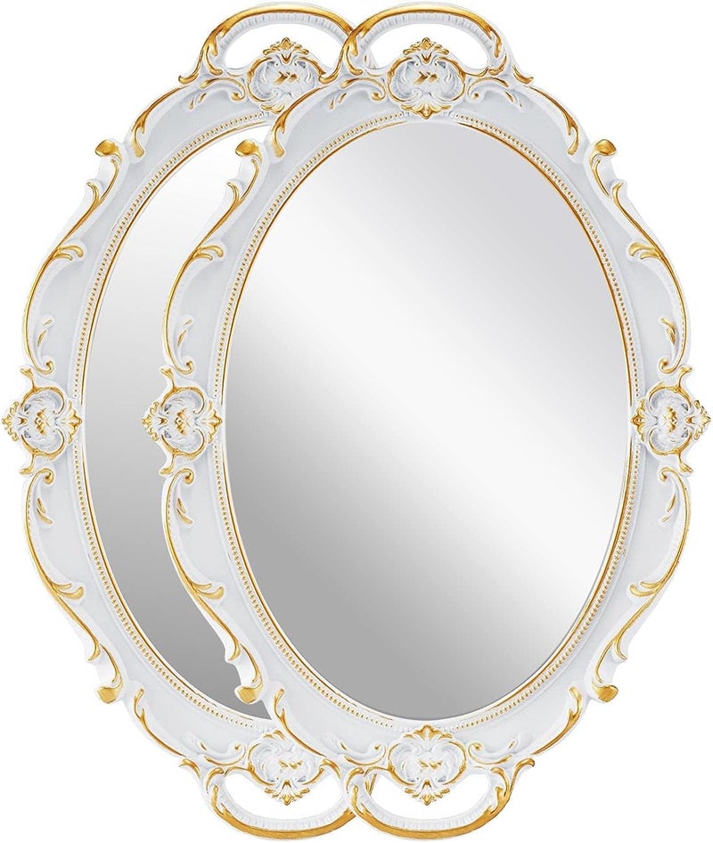 OMIRO Decorative Wall Mirror, Vintage Carved Hanging Mirrors for Bedroom Living-Room Dresser Decor, Oval Antique White 10" W x 15" L, Pack of 2 - Image 1