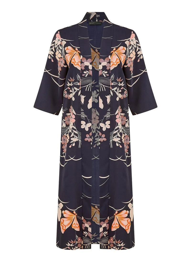 Yumi Satin Butterfly Print Long Kimono