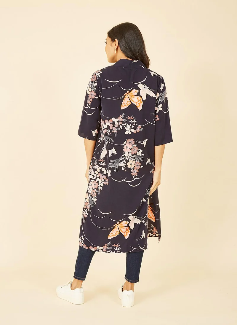 Yumi Satin Butterfly Print Long Kimono