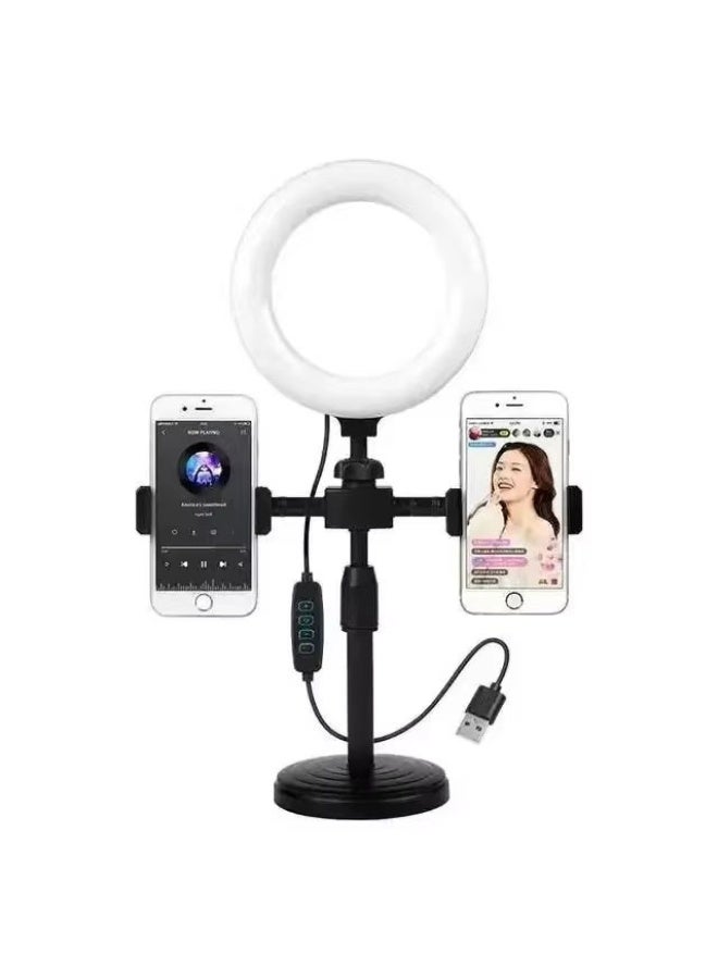 تيجو حامل هاتف مزدوج مع مصباح حلقي (Ring Light) مقاس 16 سم للتصوير الذاتي (سيلفي) وفيديوهات تيك توك، مزود بحامل ثلاثي القوائم (Tripod) وإضاءة بثلاثة ألوان. - Image 1