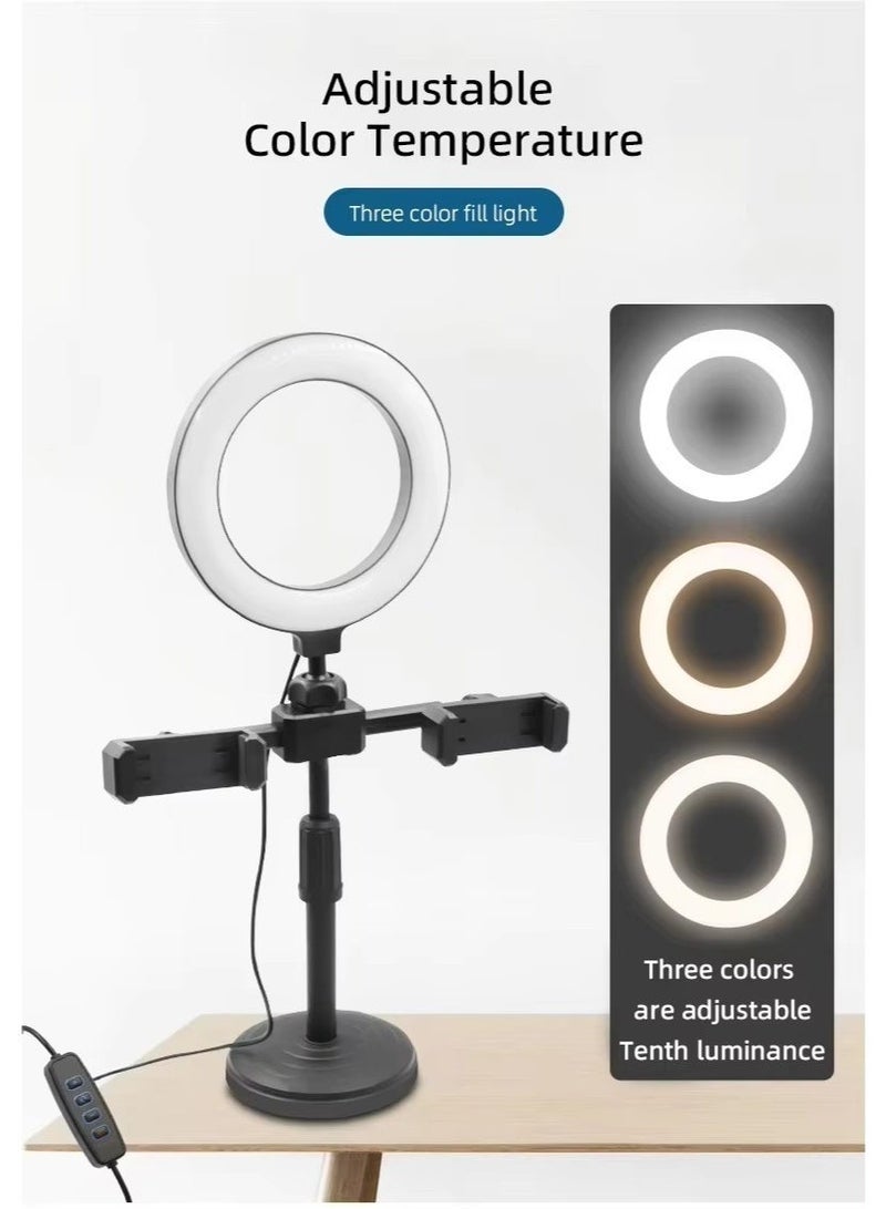 تيجو حامل هاتف مزدوج مع مصباح حلقي (Ring Light) مقاس 16 سم للتصوير الذاتي (سيلفي) وفيديوهات تيك توك، مزود بحامل ثلاثي القوائم (Tripod) وإضاءة بثلاثة ألوان. - Image 3