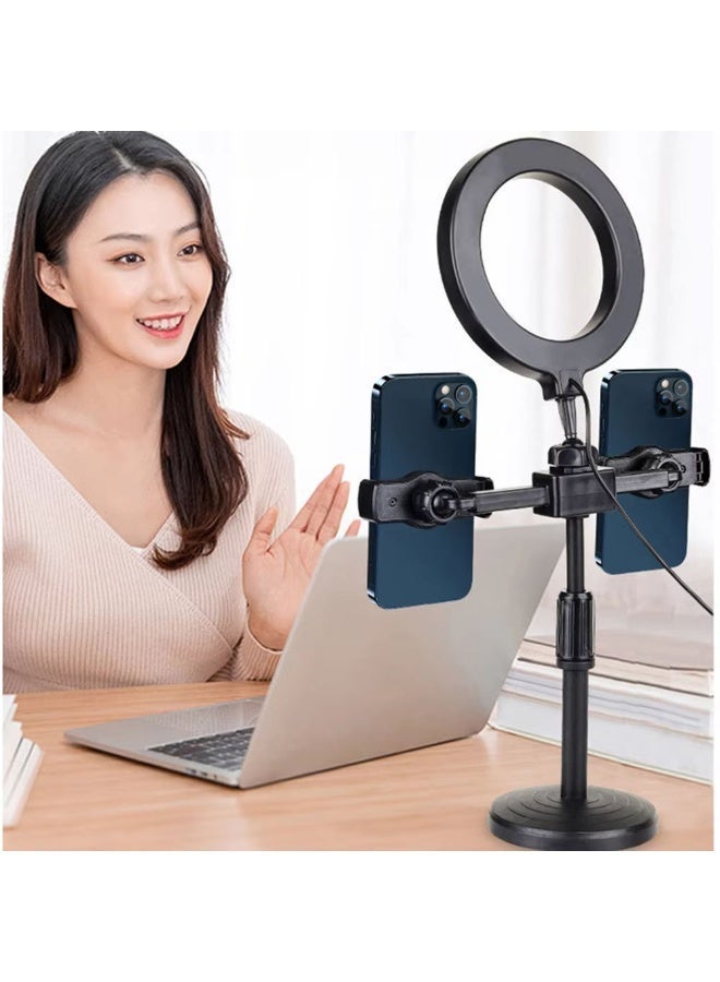 تيجو حامل هاتف مزدوج مع مصباح حلقي (Ring Light) مقاس 16 سم للتصوير الذاتي (سيلفي) وفيديوهات تيك توك، مزود بحامل ثلاثي القوائم (Tripod) وإضاءة بثلاثة ألوان. - Image 5