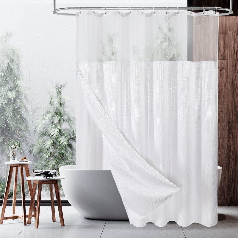 MitoVilla White Waffle Shower Curtain Set with Snapin Liner Modern Waffle Weave Heavyweight Fabric Shower Curtain for Luxury Neutral Hotel  Spa Bathroom Decor 72 x 72