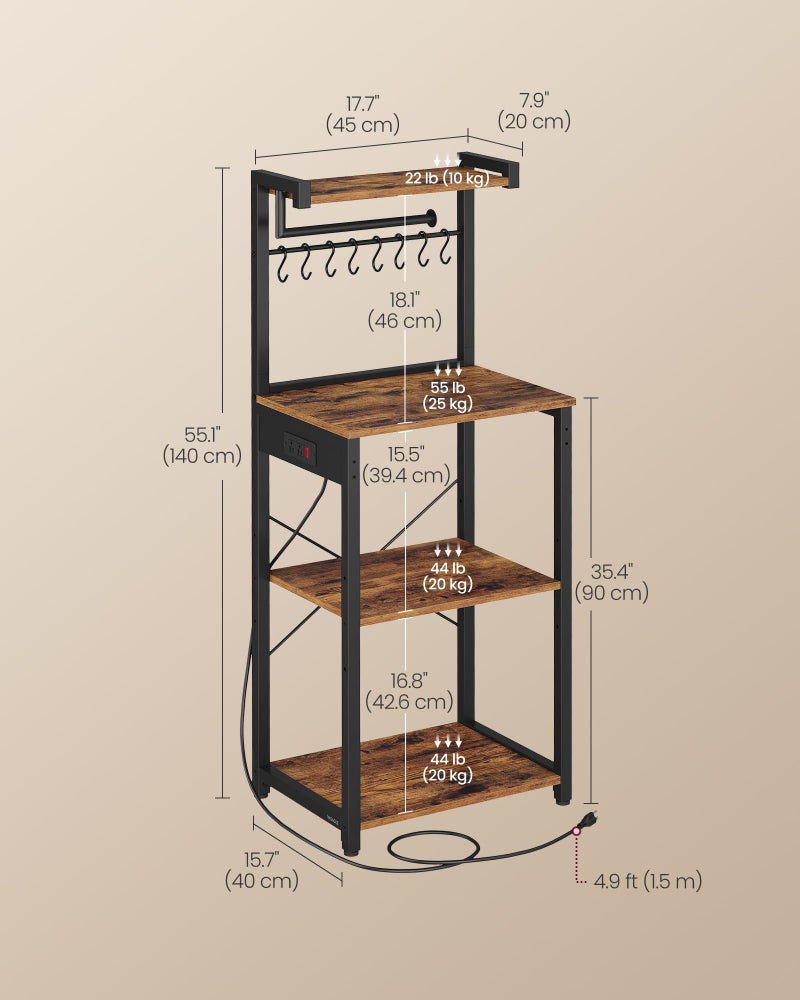 VASAGLE Kitchen Bakers Rack with Power Outlet, Coffee Bar 4-Tier with 8 S Hooks, Microwave Stand, Adjustable Shelf, for Small Spaces, 15.7 x 17.7 x 55.1 Inches, Rustic Brown and Ink Black UKKS013KD01 - Image 5