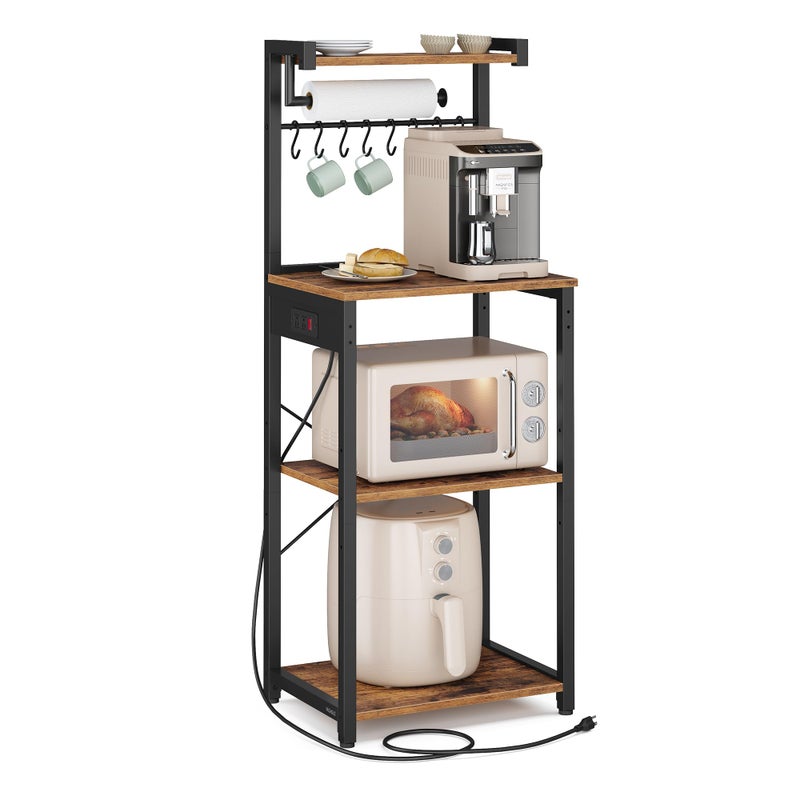 VASAGLE Kitchen Bakers Rack with Power Outlet, Coffee Bar 4-Tier with 8 S Hooks, Microwave Stand, Adjustable Shelf, for Small Spaces, 15.7 x 17.7 x 55.1 Inches, Rustic Brown and Ink Black UKKS013KD01 - Image 1