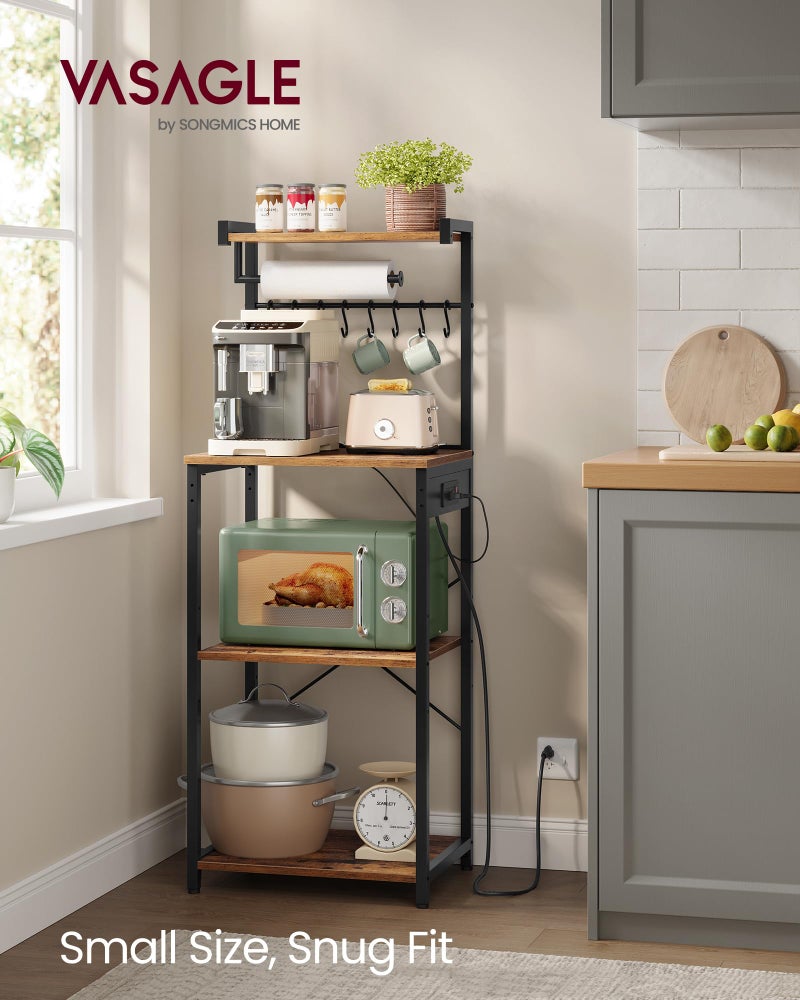 VASAGLE Kitchen Bakers Rack with Power Outlet, Coffee Bar 4-Tier with 8 S Hooks, Microwave Stand, Adjustable Shelf, for Small Spaces, 15.7 x 17.7 x 55.1 Inches, Rustic Brown and Ink Black UKKS013KD01 - Image 2