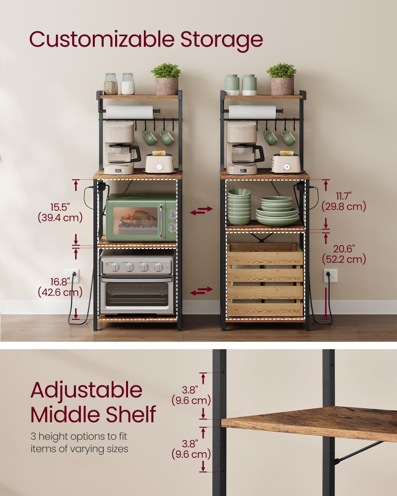 VASAGLE Kitchen Bakers Rack with Power Outlet, Coffee Bar 4-Tier with 8 S Hooks, Microwave Stand, Adjustable Shelf, for Small Spaces, 15.7 x 17.7 x 55.1 Inches, Rustic Brown and Ink Black UKKS013KD01 - Image 4