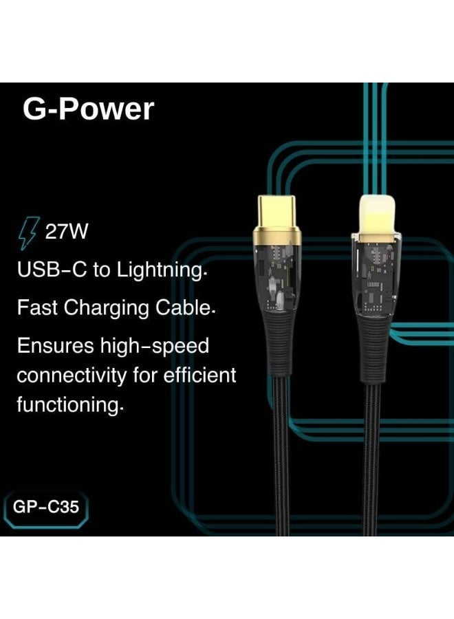 جي باور كابل الشحن السريع G-Power GP-C35 (USB-C إلى Lightning) بقوة 27 واط، متوافق مع سلسلة iPhone 14/13/12/11، وسامسونج، وجوجل بيكسل، وماك بوك، وأجهزة آيباد، والأجهزة اللوحية، بطول 1.2 متر - أسود - Image 2