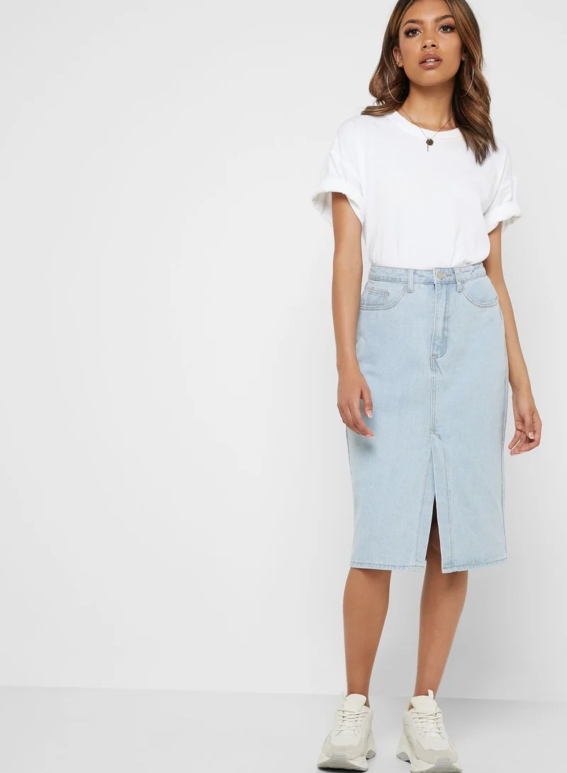 Missguided Front Slit Denim Midi Skirt