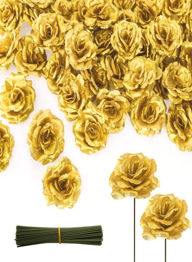 Youeon 100 Pcs 3.5 Inch Gold Artificial Rose Heads with Stems, Silk Rose Faux Flower Heads Bulk for DIY Wedding Bouquets, Party Table Centerpieces, Home Decor, Craft Floral Arrangements - Image 1