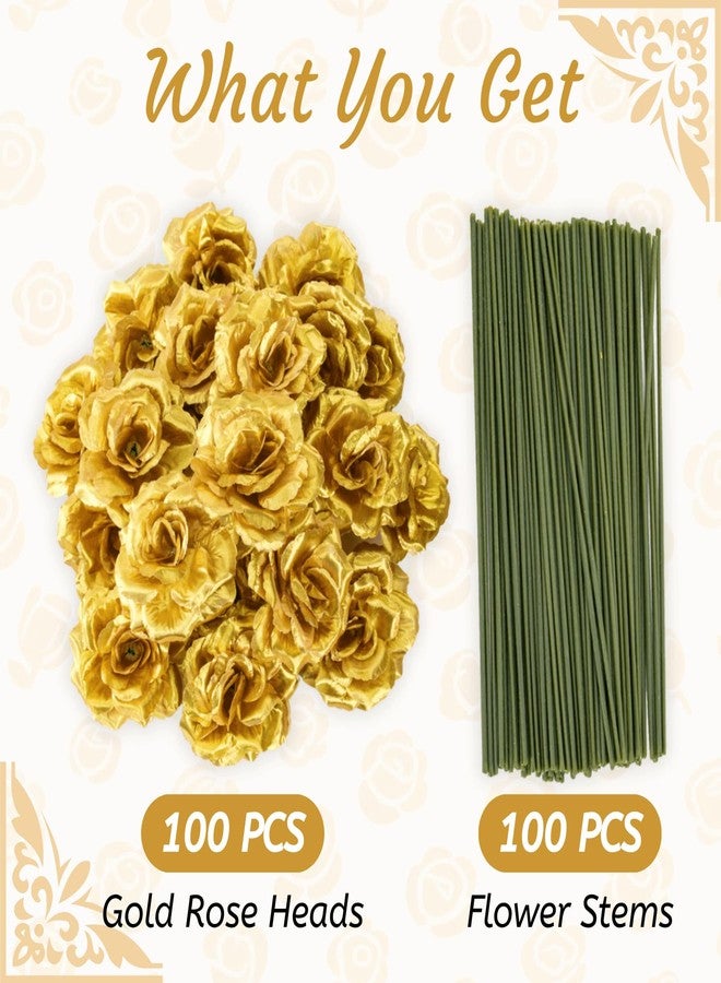 Youeon 100 Pcs 3.5 Inch Gold Artificial Rose Heads with Stems, Silk Rose Faux Flower Heads Bulk for DIY Wedding Bouquets, Party Table Centerpieces, Home Decor, Craft Floral Arrangements - Image 3