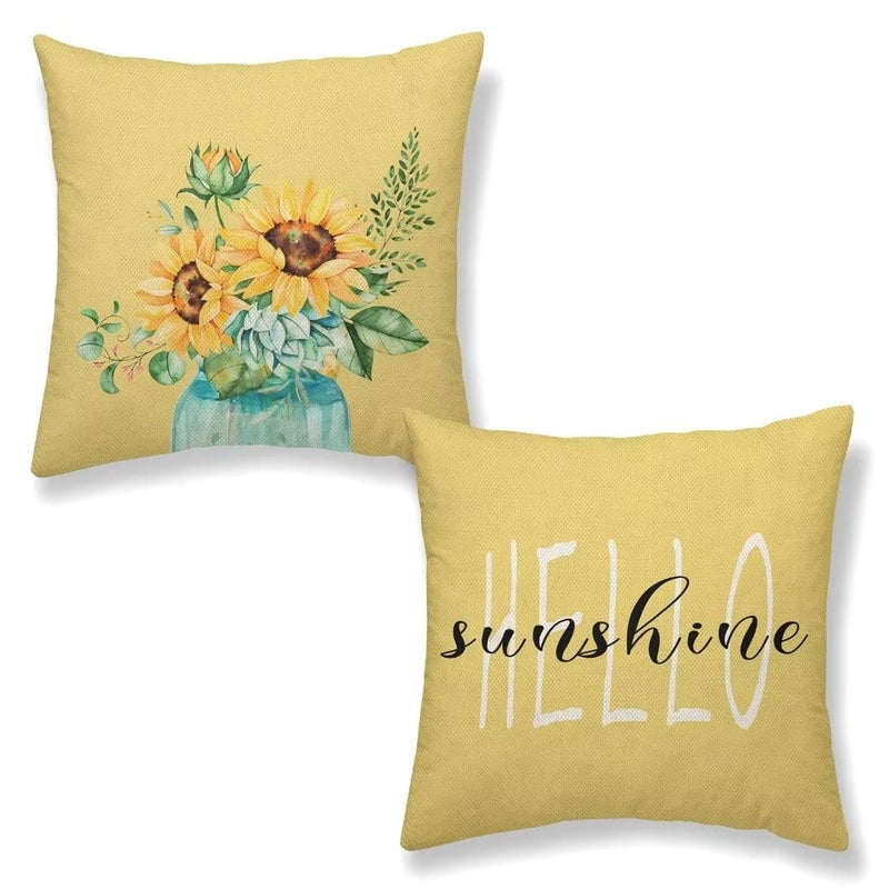 Hello Sunshine Pillow Cover 20x20 Set of 2 Farmhouse Yellow Spring Summer Throw Pillow Covers Watercolor Sunflower Cushion Case Linen Decorative Gifts for Home Couch Sofa Indoor Outdoor