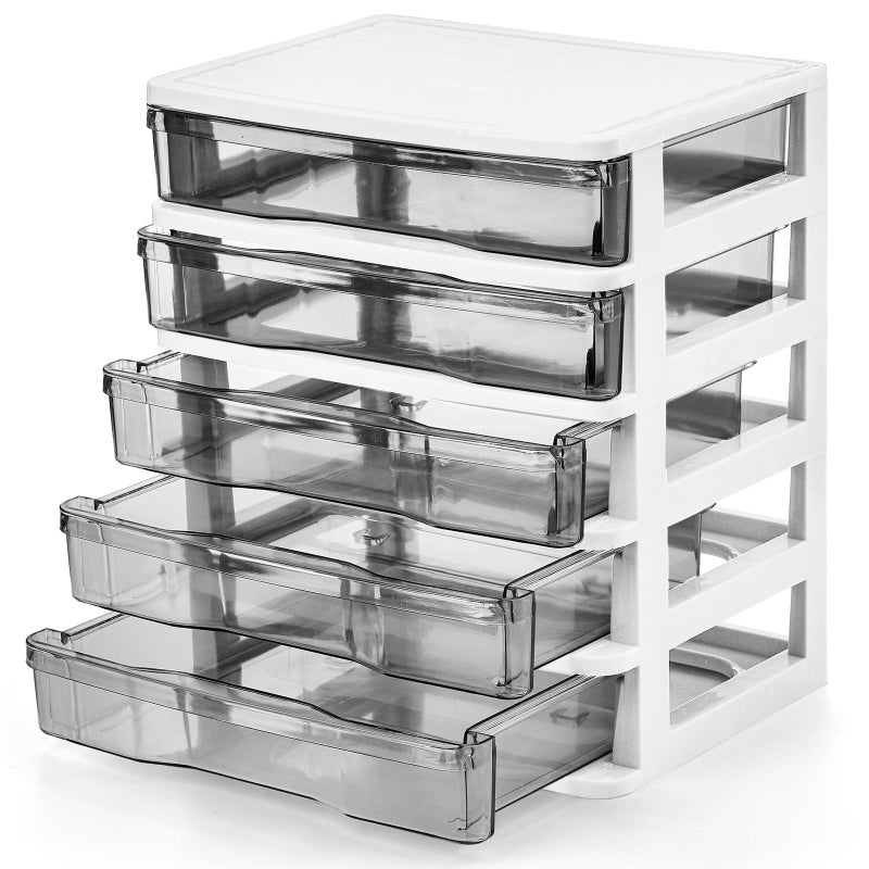 DEAYOU 5 Drawer Desktop Storage Bin Unit, Small Plastic Organizer, White Frame with Clear Drawer, Mini Container Case for Desk, Storing Craft, Accessory, Stationery - Image 1
