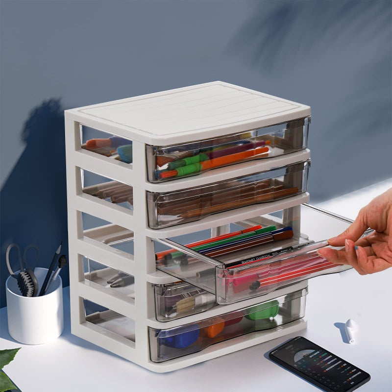 DEAYOU 5 Drawer Desktop Storage Bin Unit, Small Plastic Organizer, White Frame with Clear Drawer, Mini Container Case for Desk, Storing Craft, Accessory, Stationery - Image 5