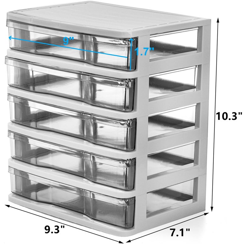 DEAYOU 5 Drawer Desktop Storage Bin Unit, Small Plastic Organizer, White Frame with Clear Drawer, Mini Container Case for Desk, Storing Craft, Accessory, Stationery - Image 2