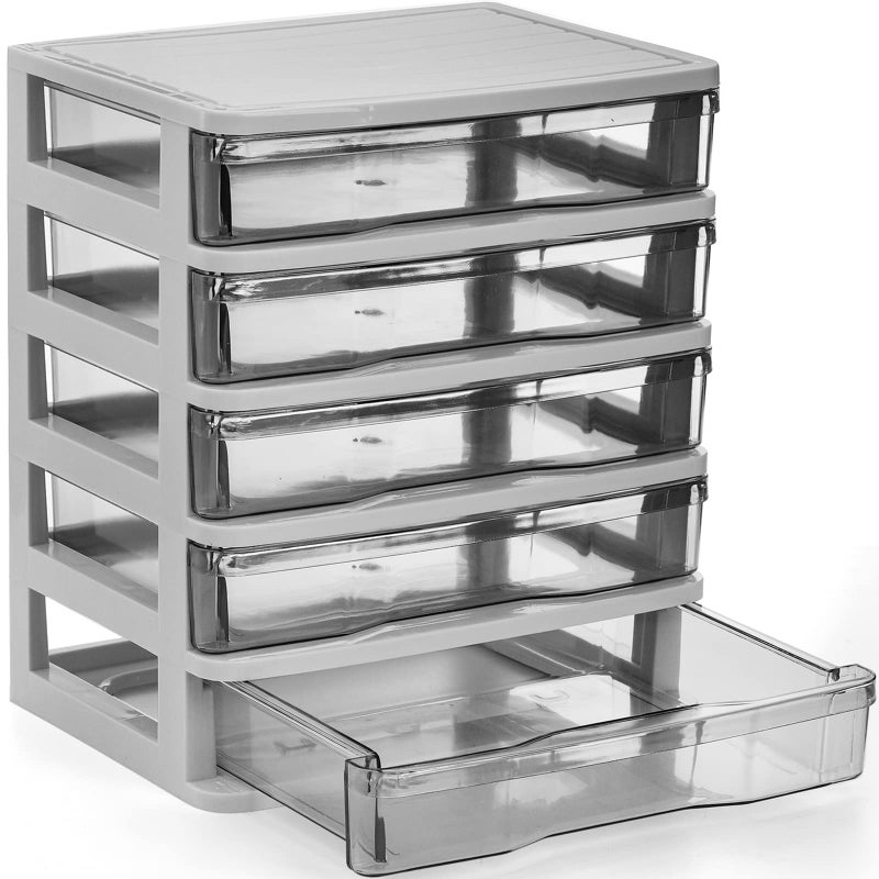 DEAYOU 5 Drawer Desktop Storage Bin Unit, Small Plastic Organizer, White Frame with Clear Drawer, Mini Container Case for Desk, Storing Craft, Accessory, Stationery - Image 4
