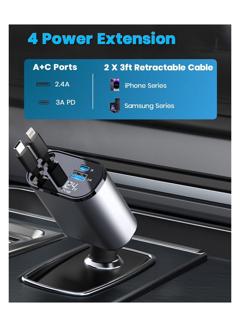 Generic 4-in-1 Car Charger with Dual Retractable Cable, Dual Port USB C PD Fast Charging Car Adapter Car Cigarette Lighter Adapter with Voltage Display Compatible with iPhone 14 13 Pro Max, iPad, Samsung  - Image 2