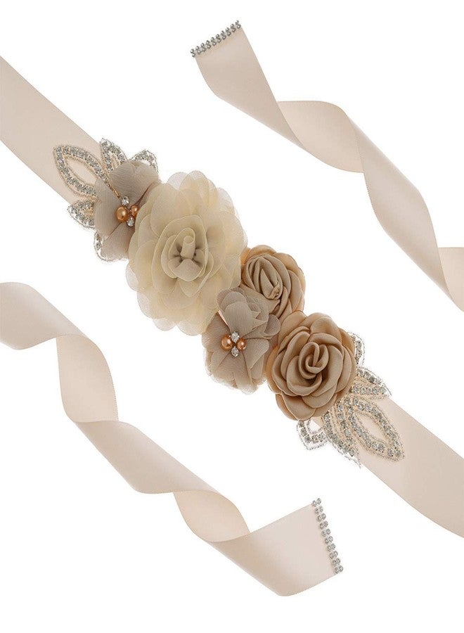 Lauthen.S Sash Belt with Flowers Pearls Rhinestone for Wedding Bride/Baby Shower Dress (One Size, Khaki) - Image 2