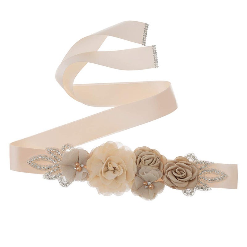 Lauthen.S Sash Belt with Flowers Pearls Rhinestone for Wedding Bride/Baby Shower Dress (One Size, Khaki) - Image 1