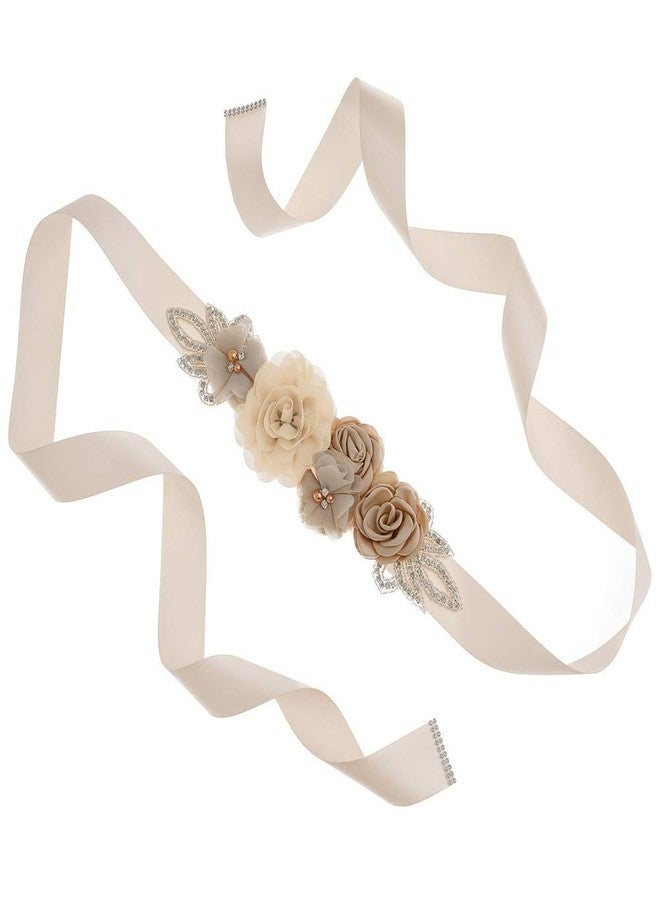 Lauthen.S Sash Belt with Flowers Pearls Rhinestone for Wedding Bride/Baby Shower Dress (One Size, Khaki) - Image 3