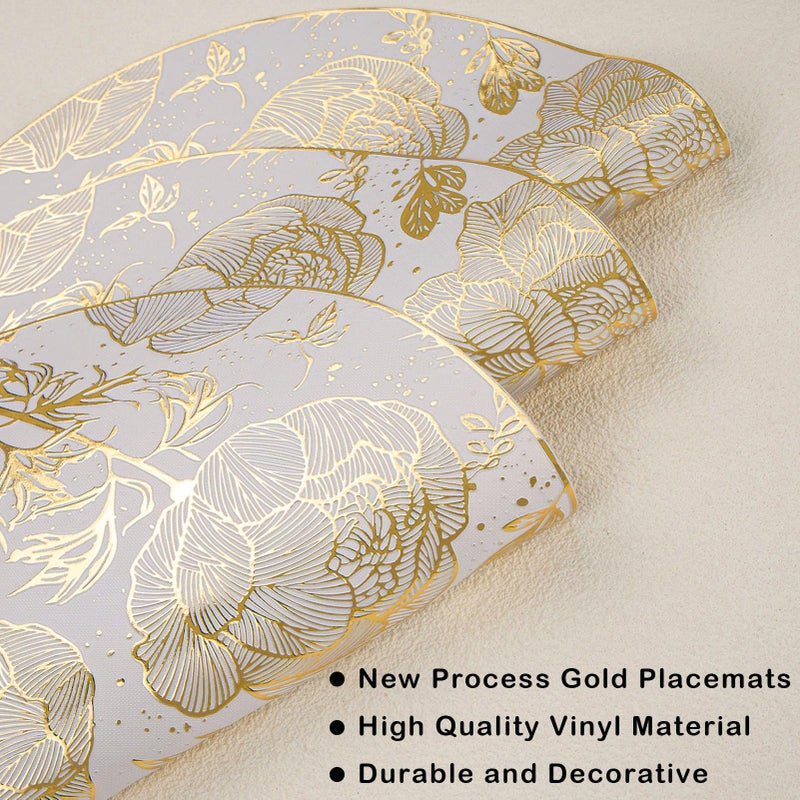Evevda Gold Round Placemats 15 inch Metallic Pressed Vinyl Flower Dinner Table Mats for Holiday Wedding Centerpiece Kitchen Table Decoration - Image 3