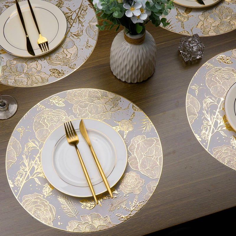 Evevda Gold Round Placemats 15 inch Metallic Pressed Vinyl Flower Dinner Table Mats for Holiday Wedding Centerpiece Kitchen Table Decoration - Image 2
