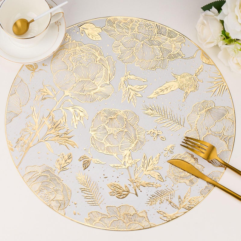 Evevda Gold Round Placemats 15 inch Metallic Pressed Vinyl Flower Dinner Table Mats for Holiday Wedding Centerpiece Kitchen Table Decoration - Image 1