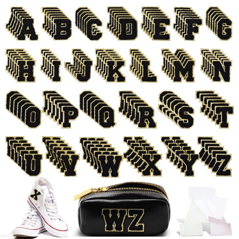 156 Pieces Chenille Letter Patches Self Adhesive Letter Patches 6 Set AZ Stony Clover Patches Preppy Patches Varsity Chenille Letters for DIY Phone Bags Backpacks Hats Black