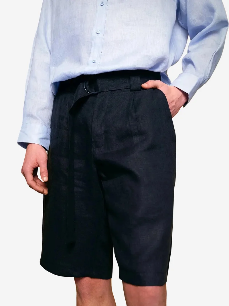 Giesto Navy Blue GIESTO Belted Wide Leg Linen Shorts for Men | Best Price UAE