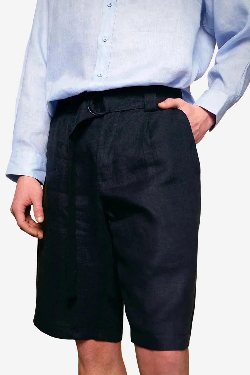 GIESTO Belted Wide Leg Linen Shorts